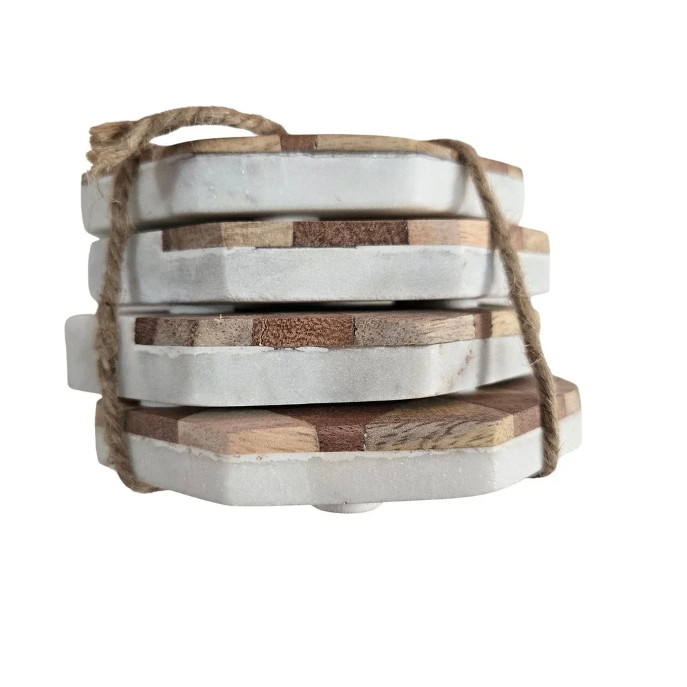 Octagon White Marble and Wood Inlay Heavy Coaster Set of 4 Geometric White Brown